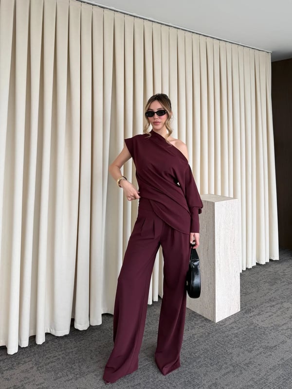 Bordo Tek Omuz Bluz Pantolon Takım -Seri 7009