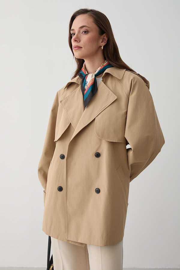 Camel Miyabi Rüzgarlık Detaylı Kuşaklı Kısa Trençkot - 7556