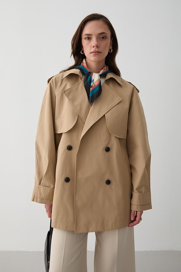 Camel Miyabi Rüzgarlık Detaylı Kuşaklı Kısa Trençkot - 7556