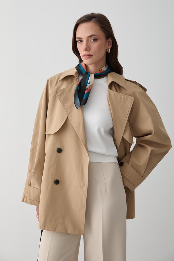 Camel Miyabi Rüzgarlık Detaylı Kuşaklı Kısa Trençkot - 7556
