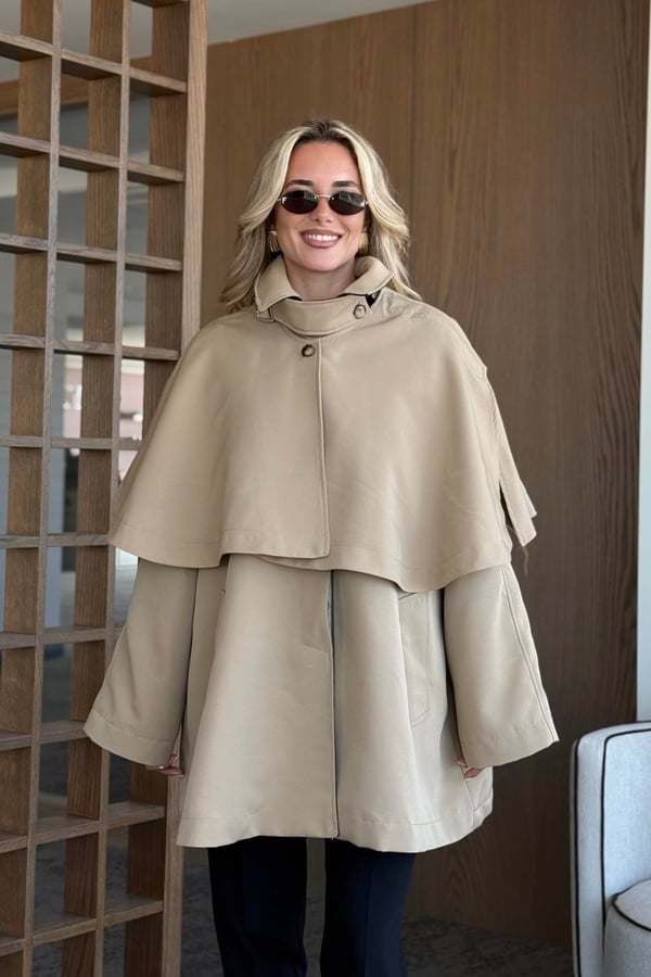 Camel Yakası Deri Detaylı Pelerin Trençkot