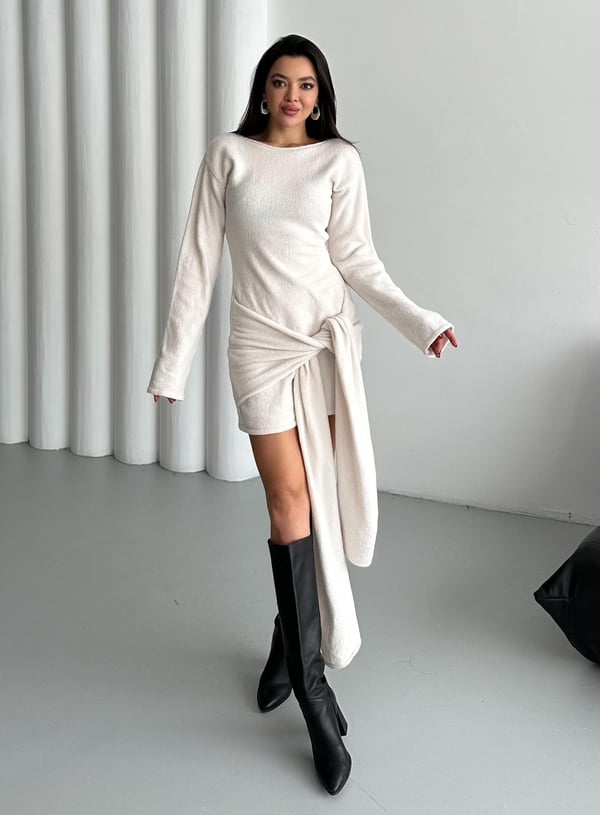 Ekru Önü Bağlamalı Kısa Elbise