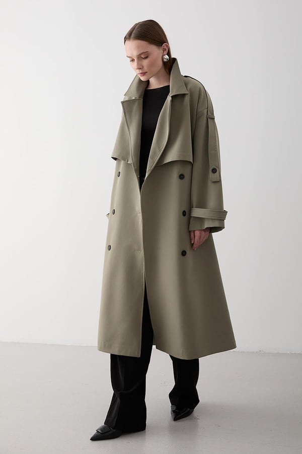 Haki Lucky Düğme Detaylı Oversize Trençkot