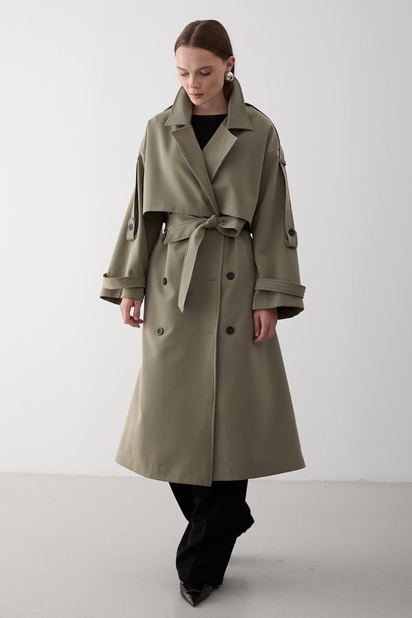 Haki Lucky Düğme Detaylı Oversize Trençkot