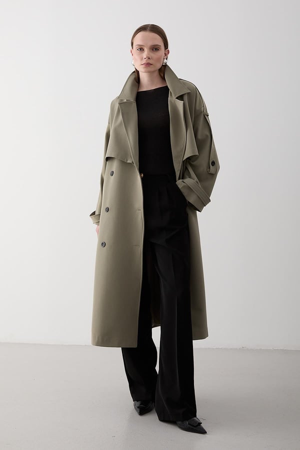 Haki Lucky Düğme Detaylı Oversize Trençkot