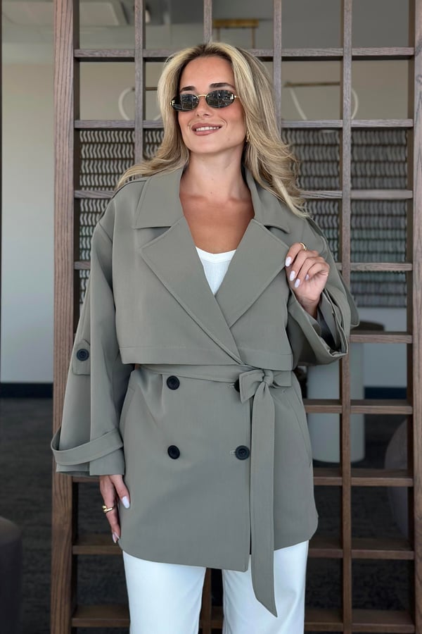 Haki Oversize Düşük Omuz Kısa Trenç - 9580