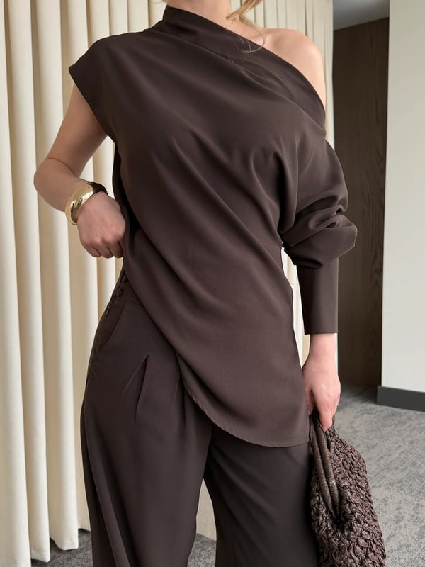 Kahve Tek Omuz Bluz Pantolon Takım -Seri 7009