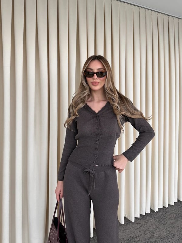 Kahverengi Düğmeli İkili Triko Takım Dantelli Seri -2602