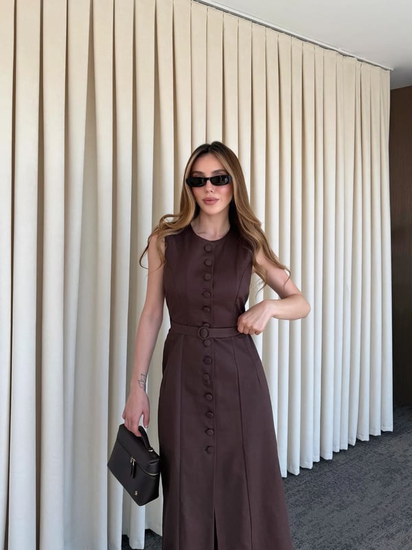 Kahverengi Düğmeli Kemerli Gabardin Elbise Seri - 5002