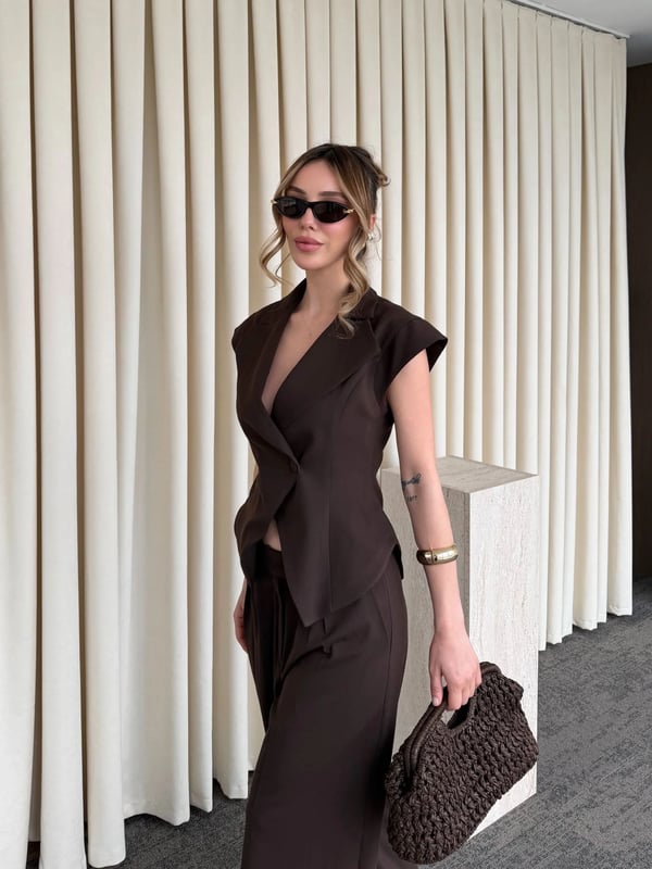 Kahverengi Margot Yelek Pantolon Takım Seri- 308
