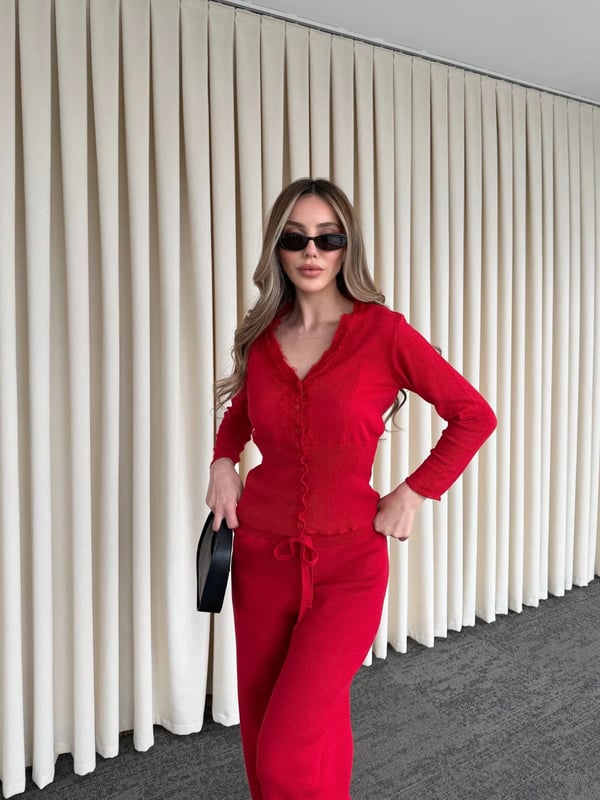 Kırmızı Düğmeli İkili Triko Takım Dantelli Seri -2602