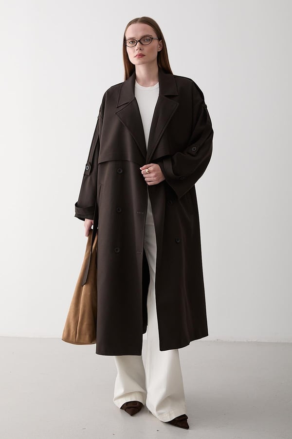 Koyu Kahve Lucky Düğme Detaylı Oversize Trençkot