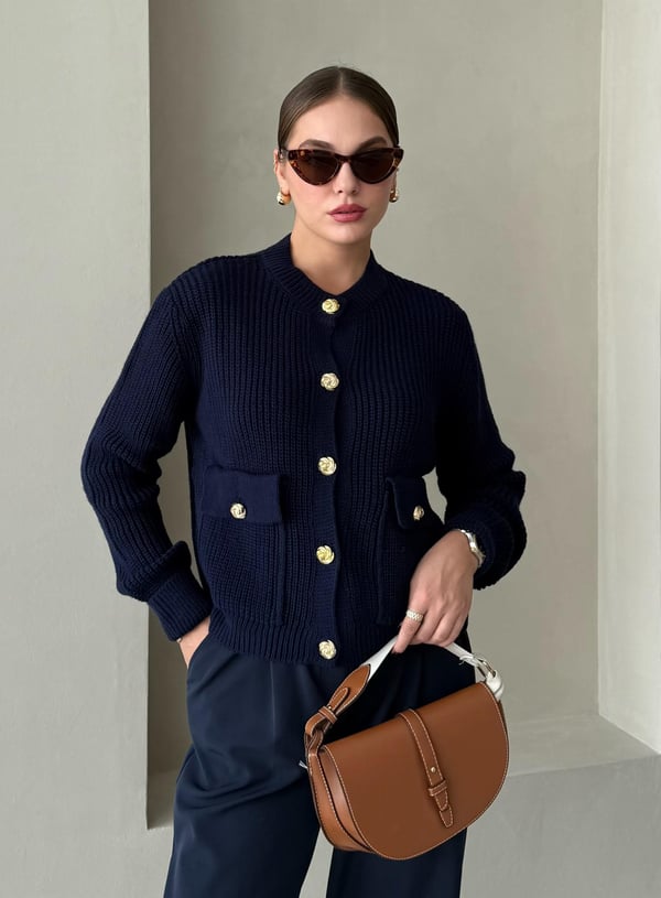 Lacivert Belle Gül Düğmeli Hırka