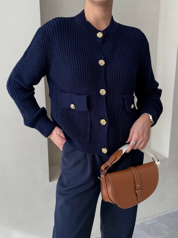 Lacivert Belle Gül Düğmeli Hırka