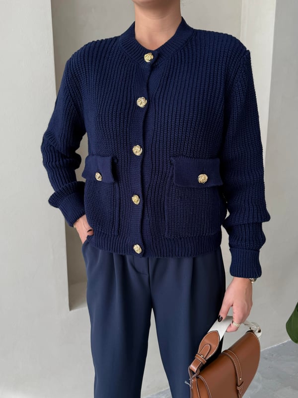 Lacivert Belle Gül Düğmeli Hırka