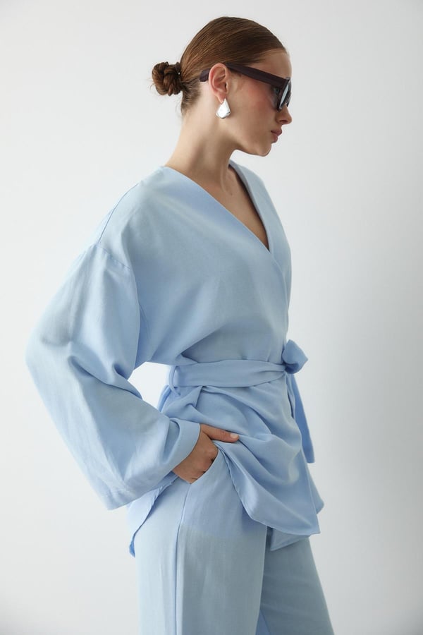 Mavi Pamuklu Kimono Bol Paça Pantolon Takım