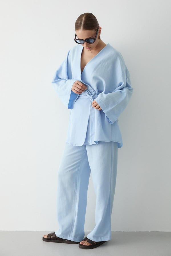 Mavi Pamuklu Kimono Bol Paça Pantolon Takım