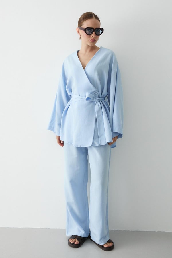 Mavi Pamuklu Kimono Bol Paça Pantolon Takım