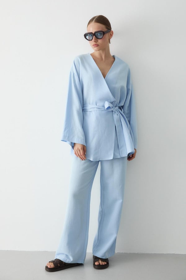 Mavi Pamuklu Kimono Bol Paça Pantolon Takım