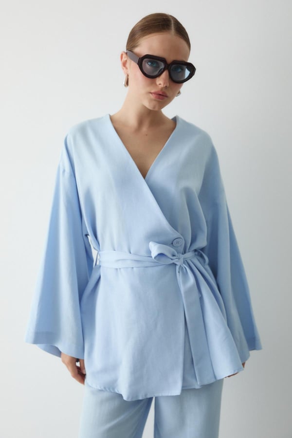 Mavi Pamuklu Kimono Bol Paça Pantolon Takım