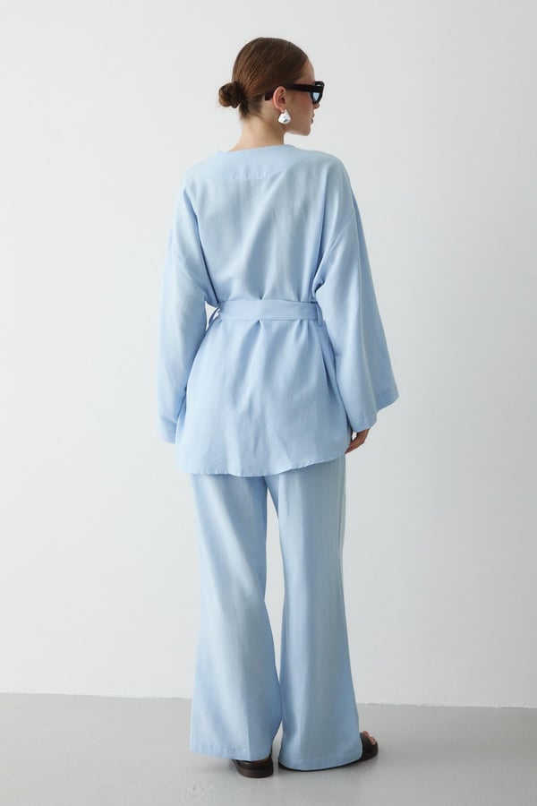 Mavi Pamuklu Kimono Bol Paça Pantolon Takım