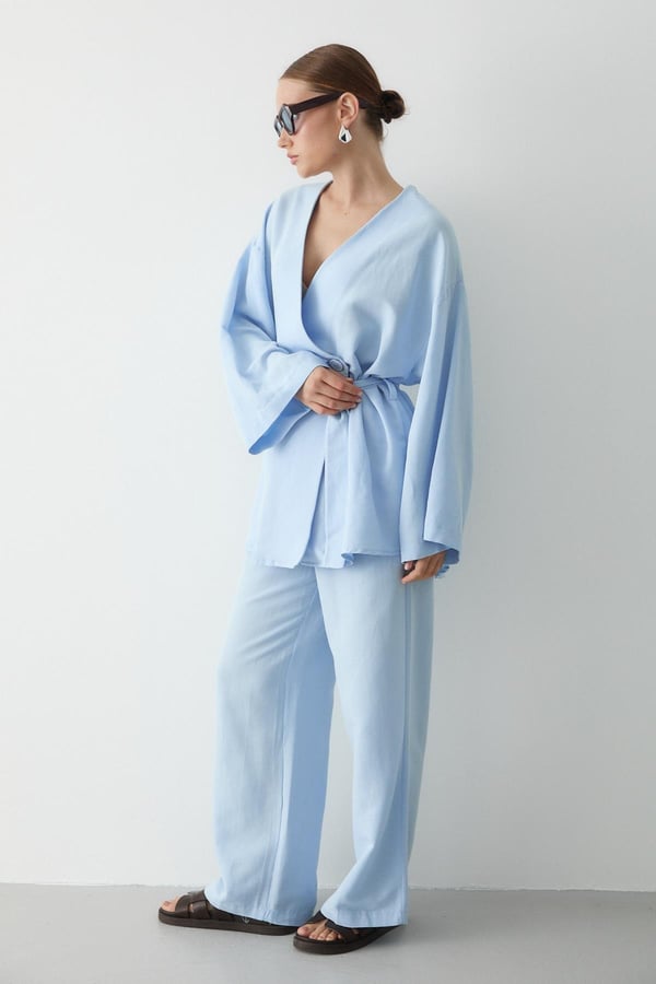 Mavi Pamuklu Kimono Bol Paça Pantolon Takım