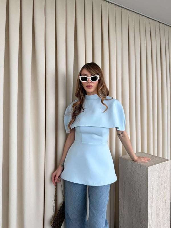Mavi Pelerinli Straplez Bluz - Seri 1101