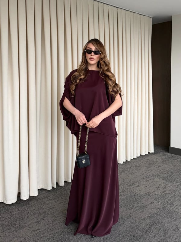 Mürdüm Omuz Drapeli Saten Bluz Etek Takım - Seri 8005