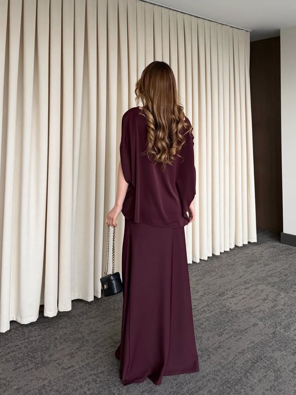 Mürdüm Omuz Drapeli Saten Bluz Etek Takım - Seri 8005