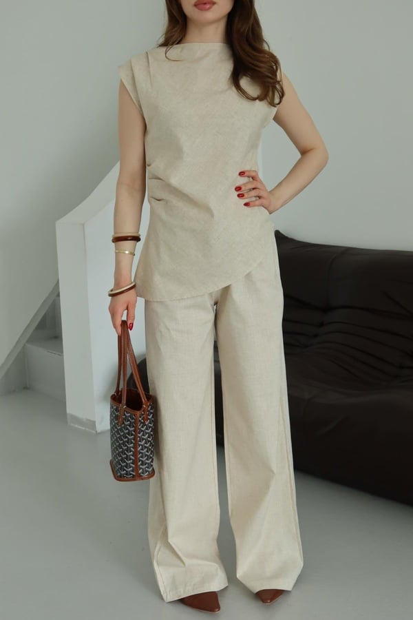 Natural Asimetrik Bluz Pantolon Takım