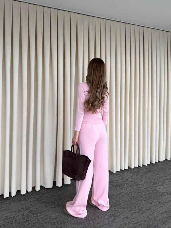 Pembe Düğmeli İkili Triko Takım Dantelli Seri -2602