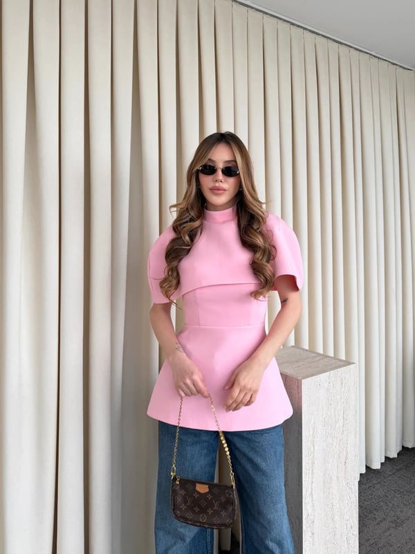 Pembe Pelerinli Straplez Bluz - Seri 1101