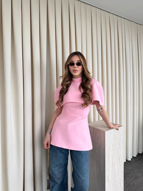 Pembe Pelerinli Straplez Bluz - Seri 1101