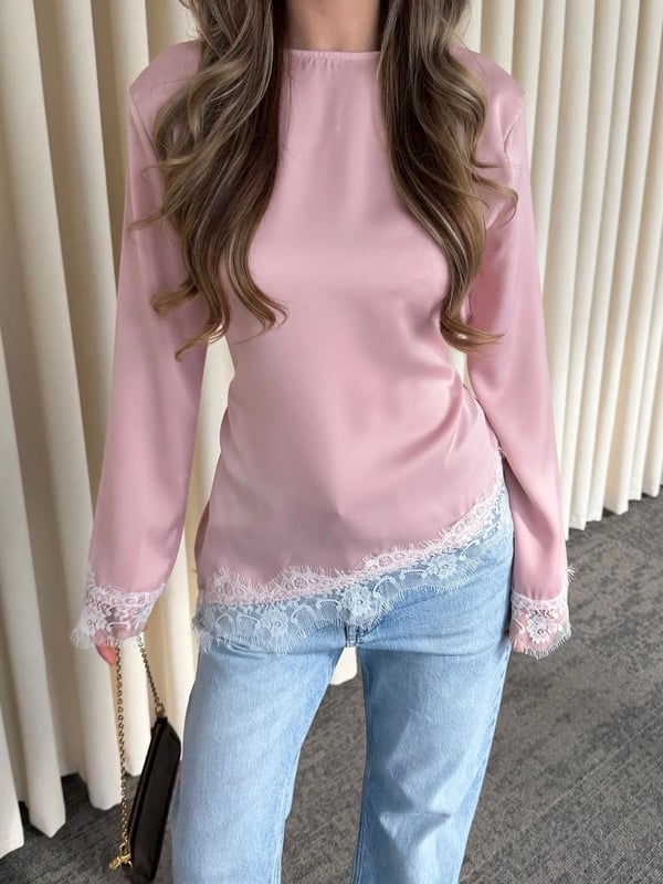 Pembe Saten Asimetrik Dantelli Bluz Seri -0320