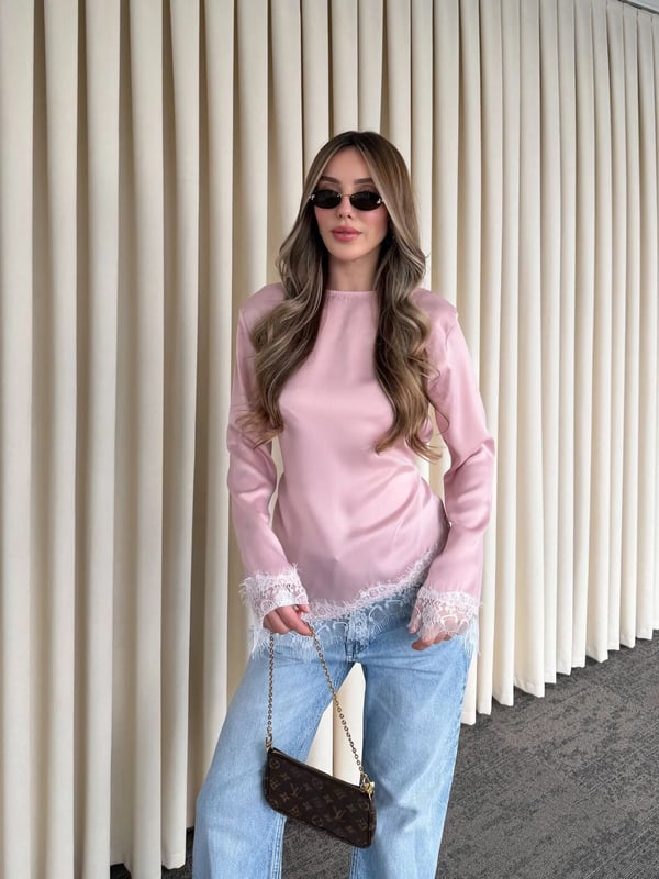 Pembe Saten Asimetrik Dantelli Bluz Seri -0320