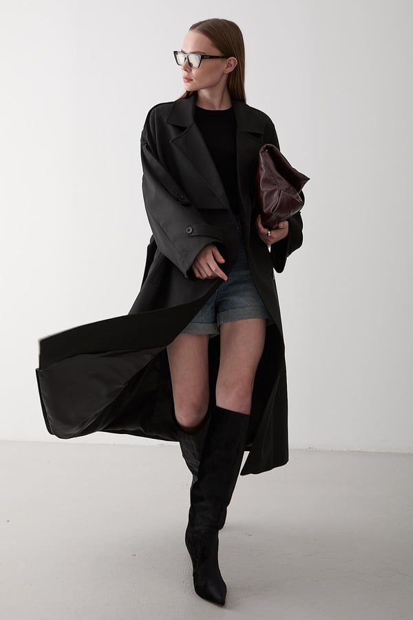 Black Lucky Button Detailed Oversized Trench Coat