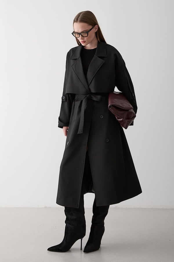 Black Lucky Button Detailed Oversized Trench Coat