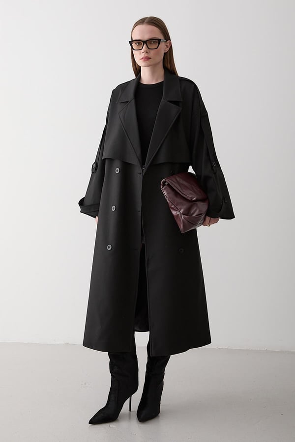 Black Lucky Button Detailed Oversized Trench Coat