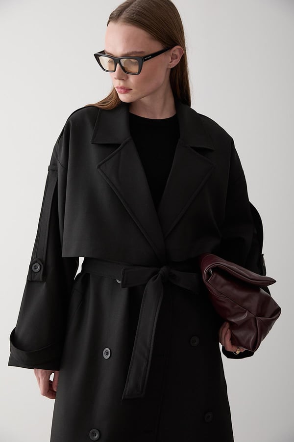 Black Lucky Button Detailed Oversized Trench Coat