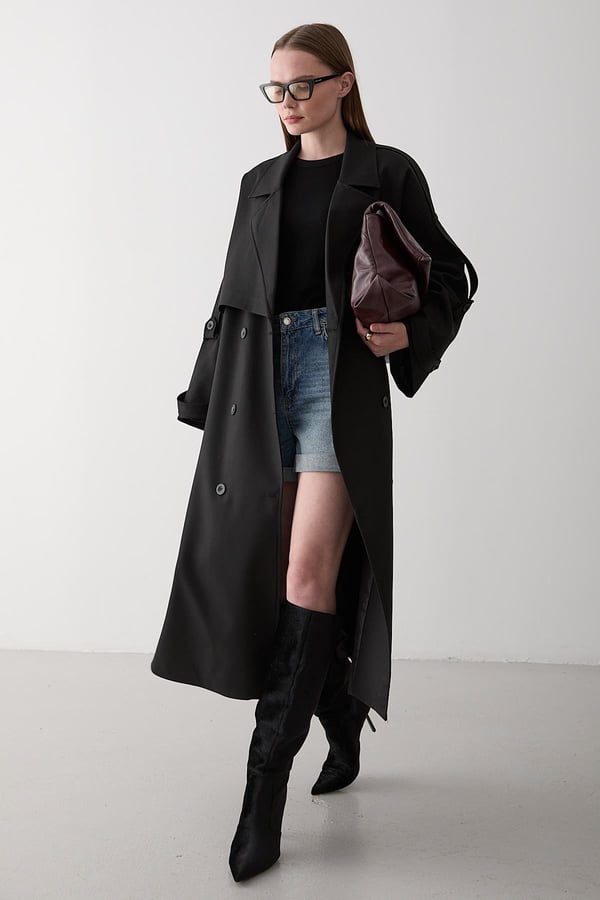 Black Lucky Button Detailed Oversized Trench Coat