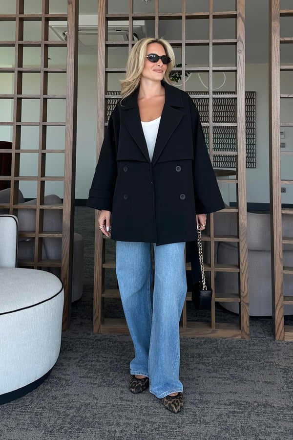 Siyah Oversize Düşük Omuz Kısa Trenç - 9580
