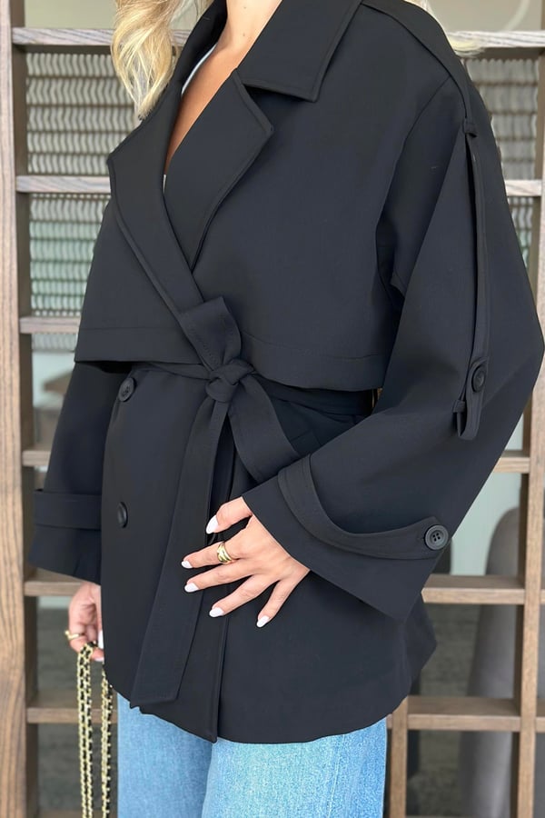 Siyah Oversize Düşük Omuz Kısa Trenç - 9580