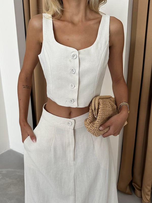 Stone %100 Cotton Elegant Vest Skirt Linen Suit
