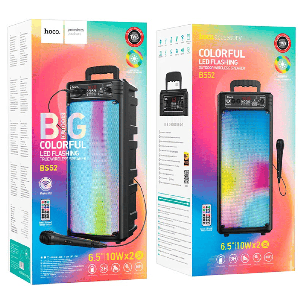 Hoco BS52 - Karaoke Açık Hava Kablosuz Hoparlör, Bluetooth V5.0, Pil Kapasitesi: 2200mAh, Müzik Süresi: 3 Saate Kadar, Bluetooth, TWS, FM, USB flash sürücü, TF kart, AUX Desteği - Siyah