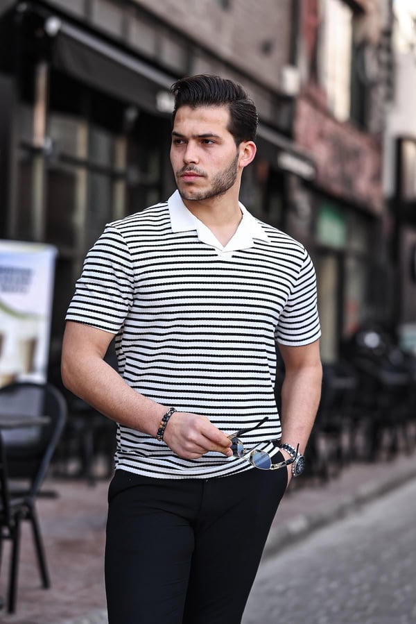  Polo V Yaka Örme Tişört - Siyah