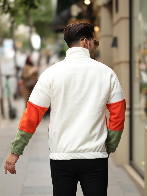 3 Renk Yarım Fermuar Polar Sweatshirt - Ekru/Turuncu/Haki