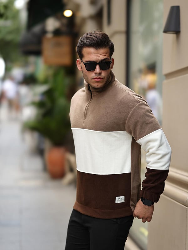 3 Renk Yarım Fermuar Polar Sweatshirt - Bej/Ekru/Kahve