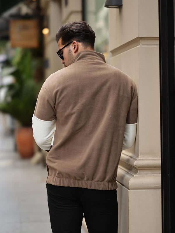 3 Renk Yarım Fermuar Polar Sweatshirt - Bej/Ekru/Kahve