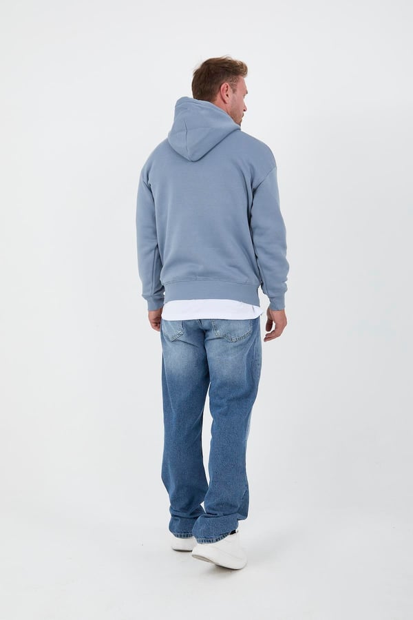 Açıkmavi Erkek Oversize Kapüşonlu Kanguru Cepli Sweatshirt - Hoodie