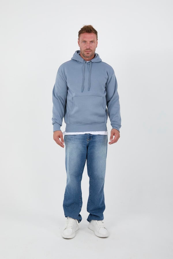 Açıkmavi Erkek Oversize Kapüşonlu Kanguru Cepli Sweatshirt - Hoodie